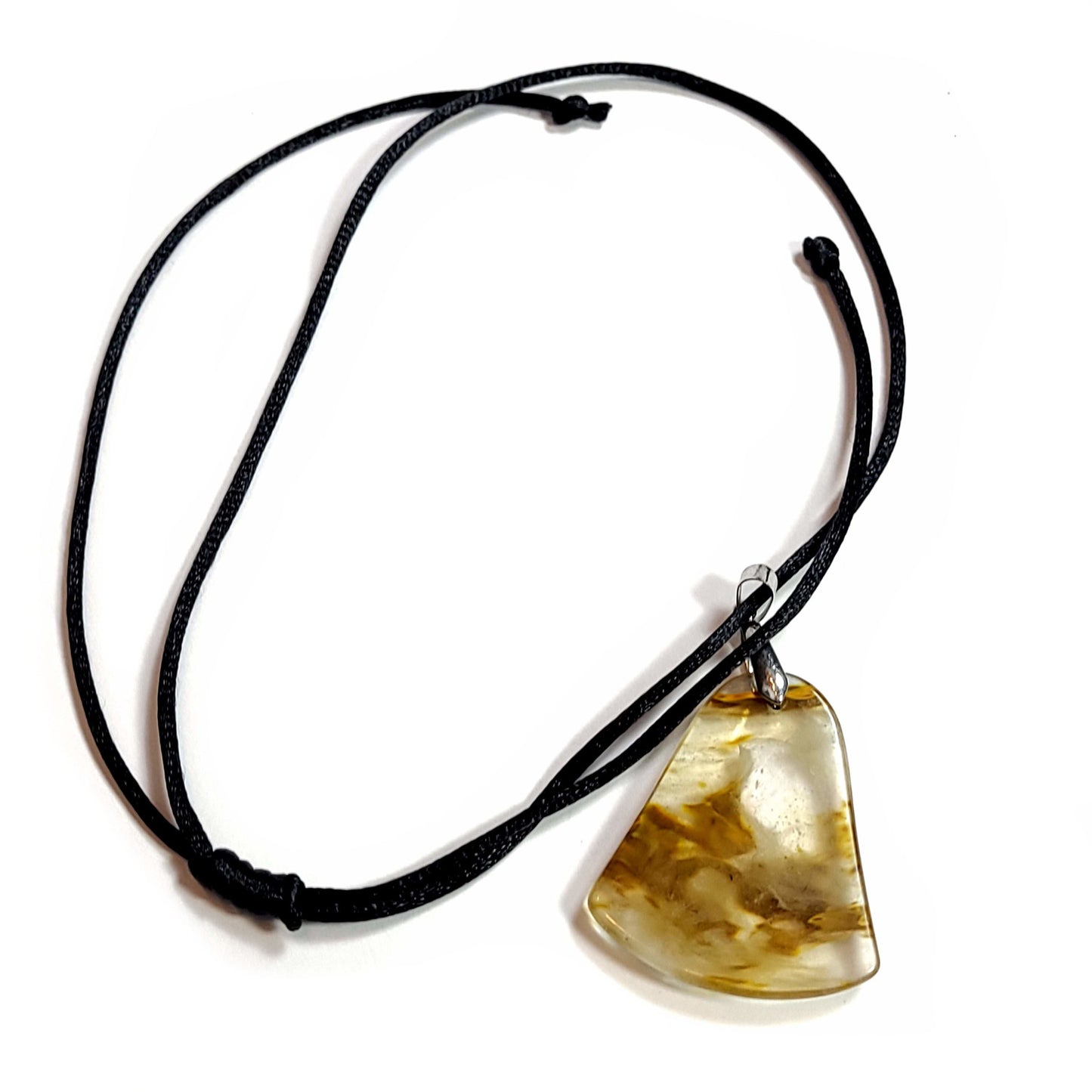 Quartz pendant with interesting occlusions. Comes with a black satin cord with an adjustable slip knot.