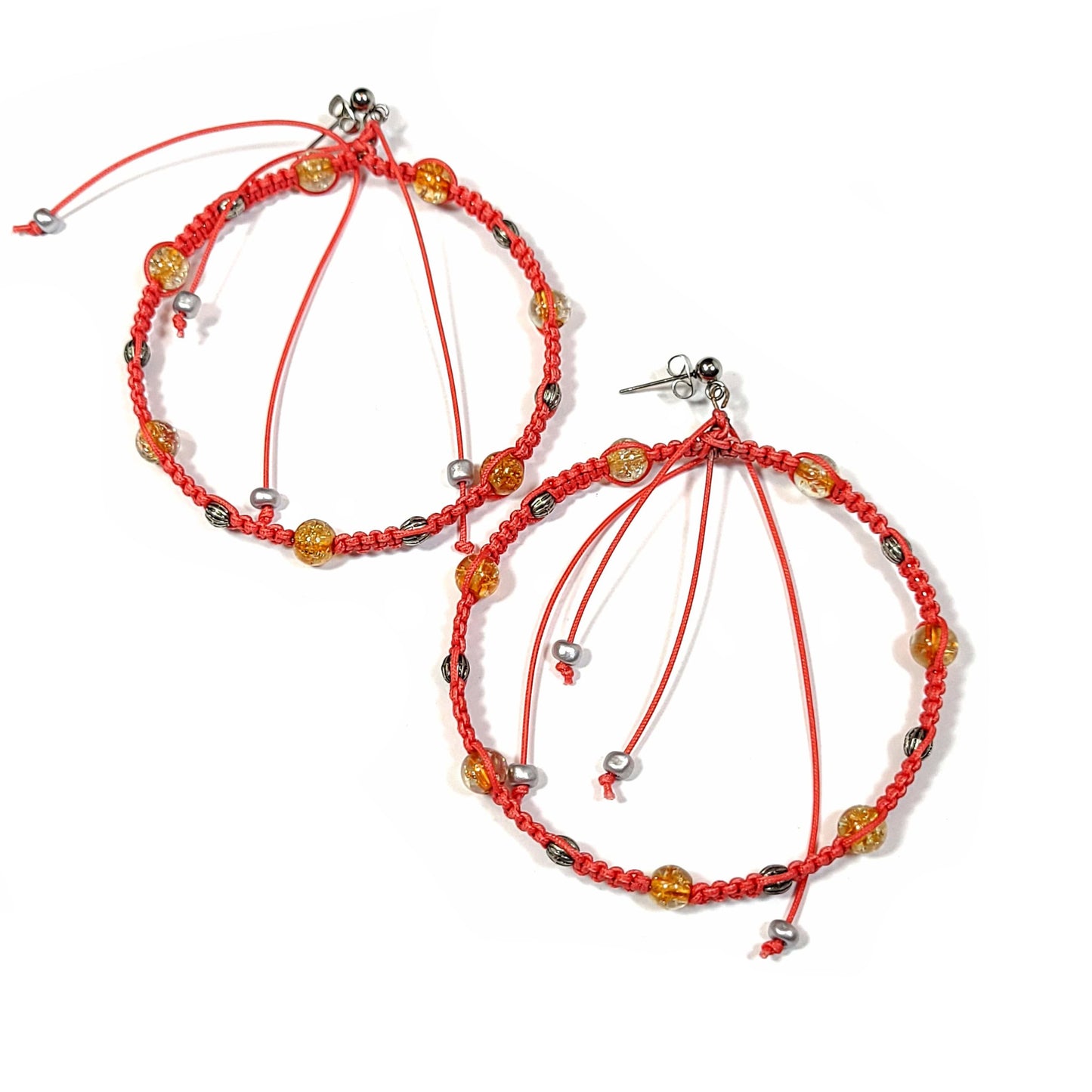 red macrame and bead hoop earrings.
