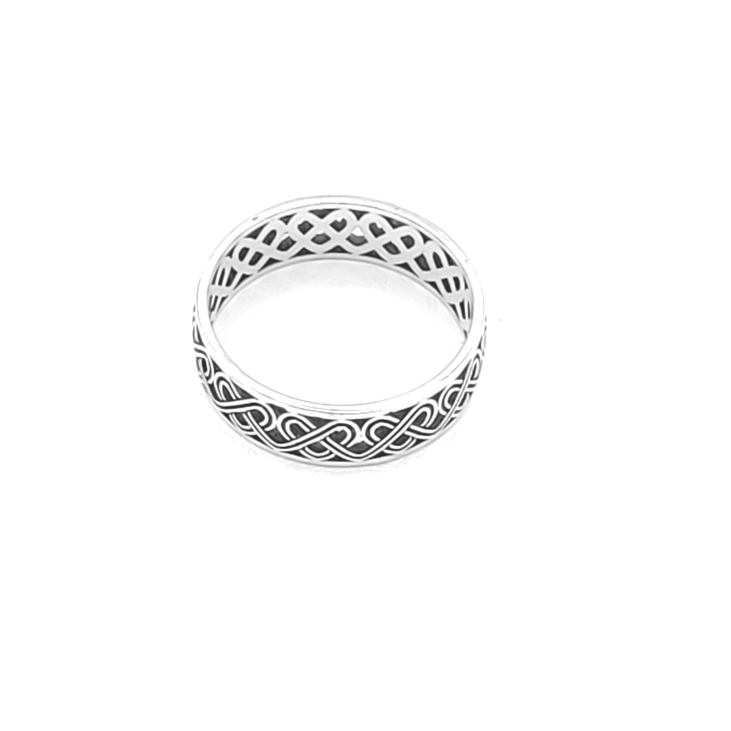 Silver band type ring with double line shaped into a celtic style continuous heart-knot type shape.