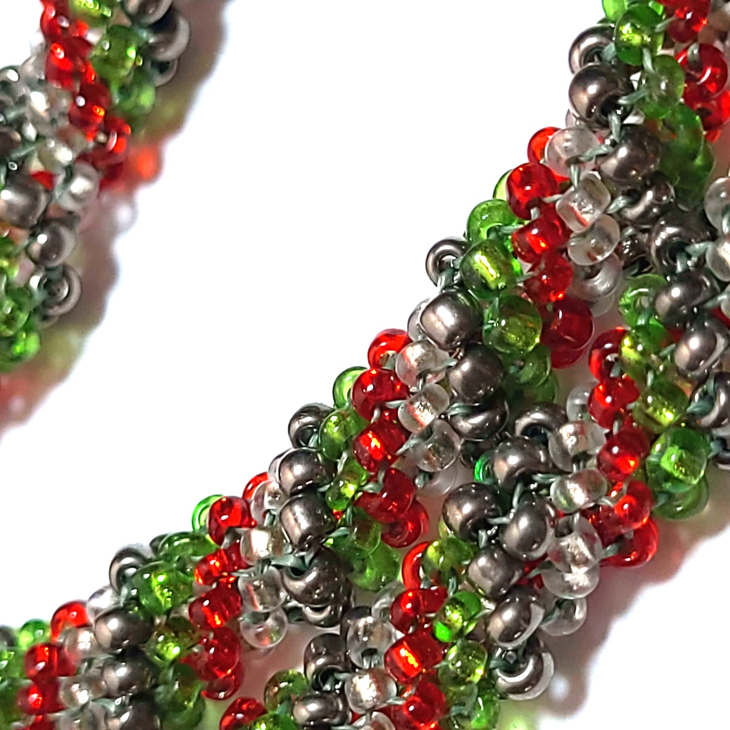 Red Green Clear and Silver Colored Seed Beads Twisted Necklace Close Up