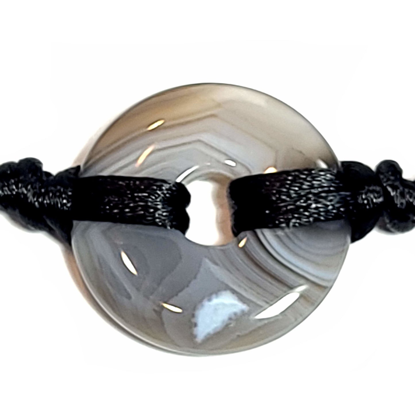 Grey agate doughnut stone with satin cord bracelet