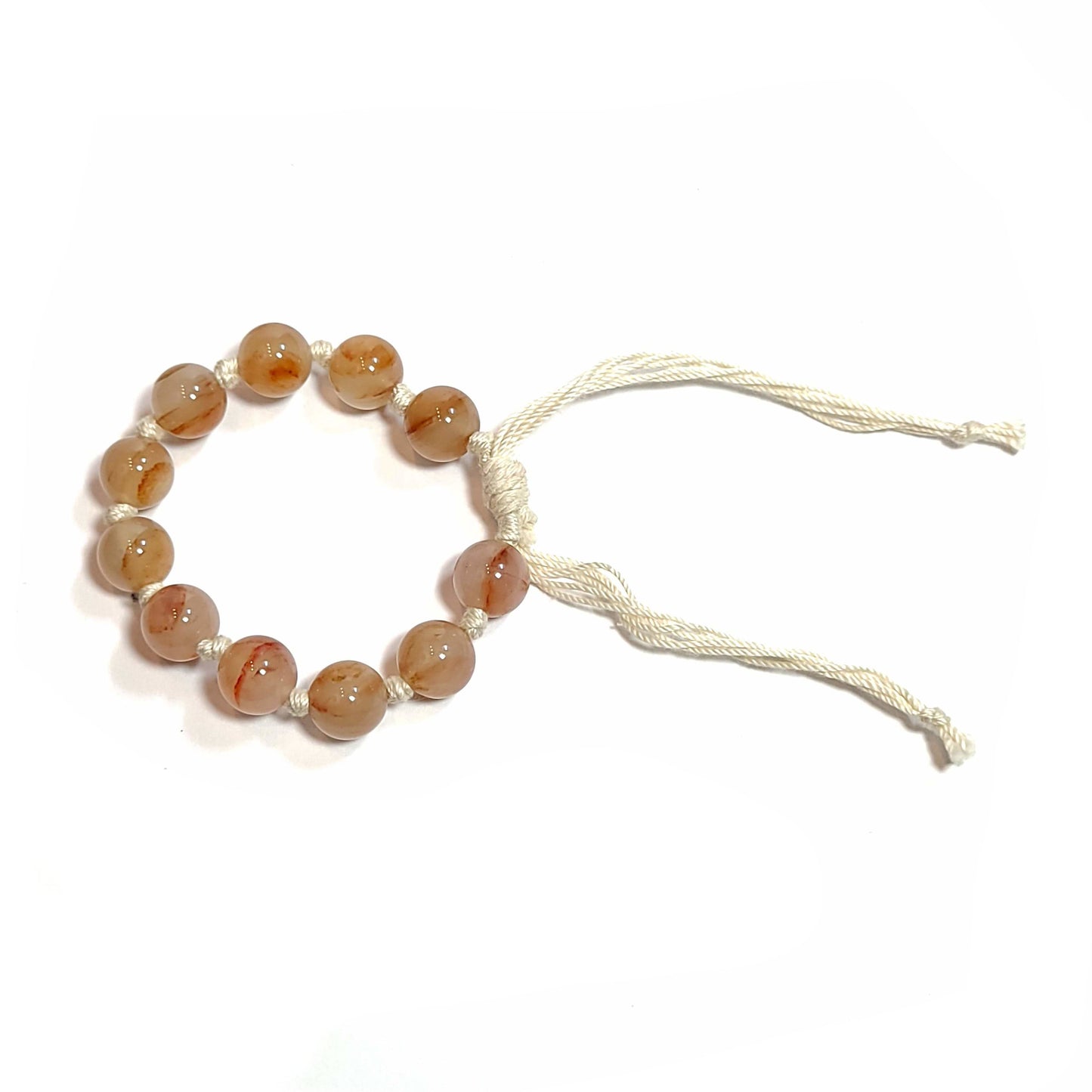 Milky beige, brown agate 10mm bead knotted adjustable bracelet.