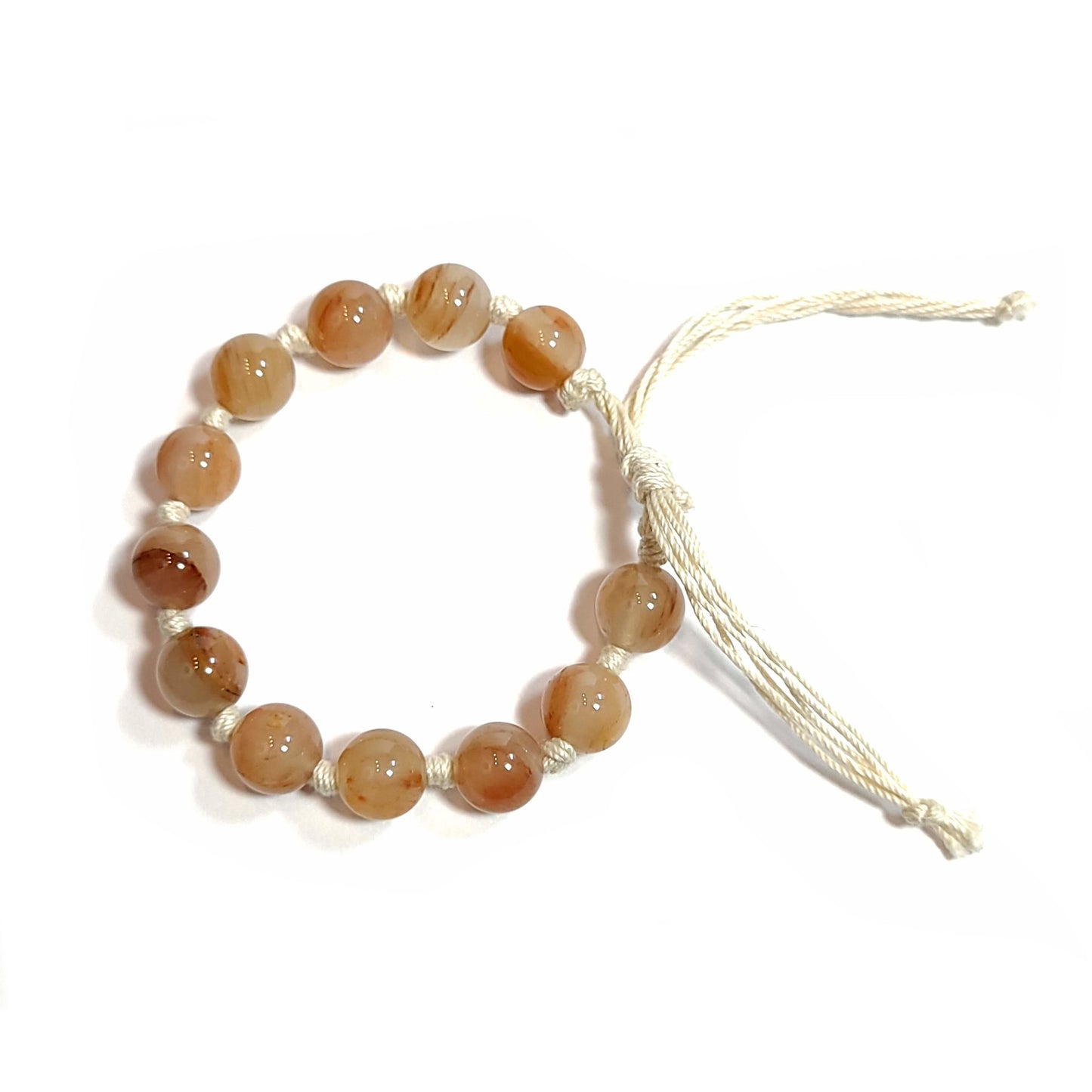 Milky beige, brown agate 10mm bead knotted adjustable bracelet.