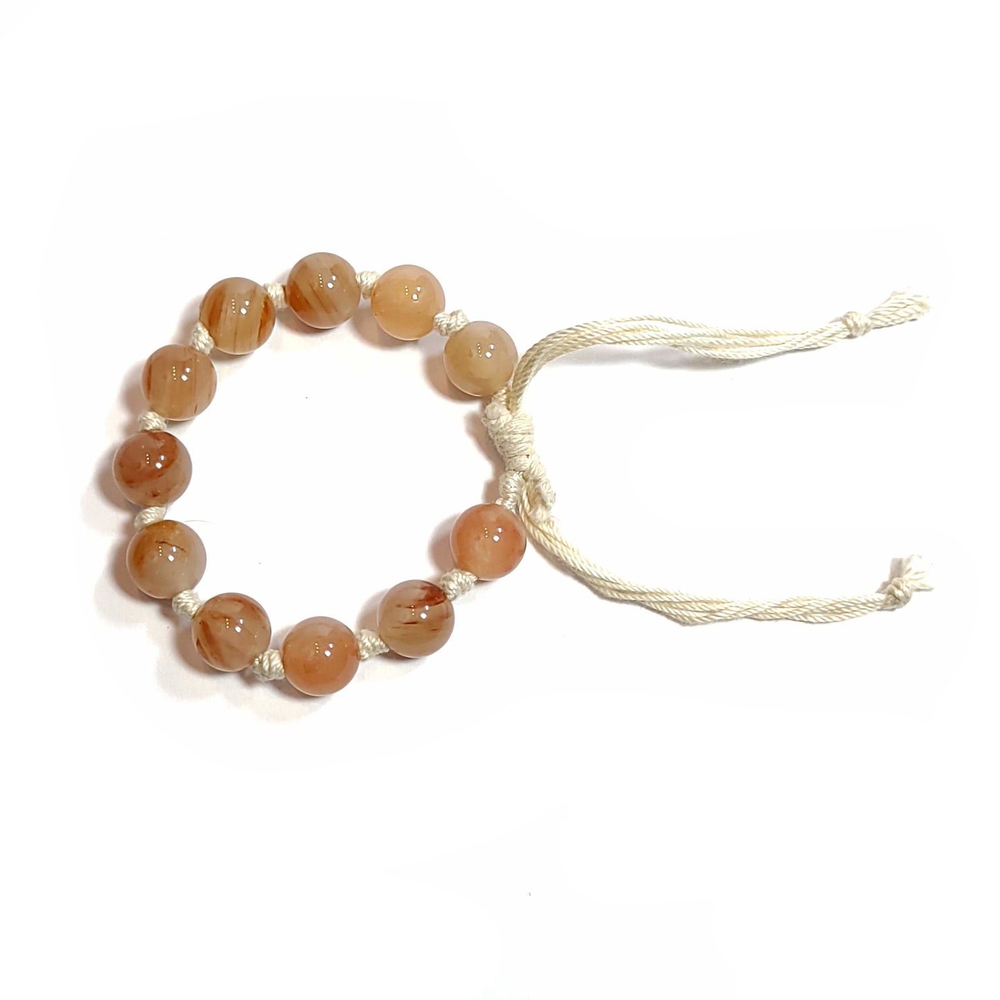 Milky beige, brown agate 10mm bead knotted adjustable bracelet.