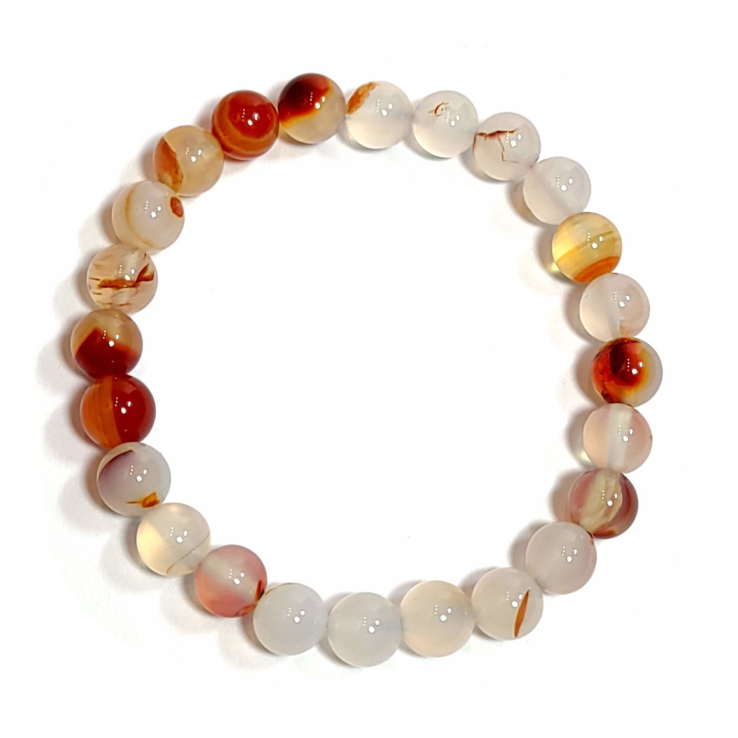 Bracelet made of milky white, orange, and brown agate 8mm beads strung with elastic.