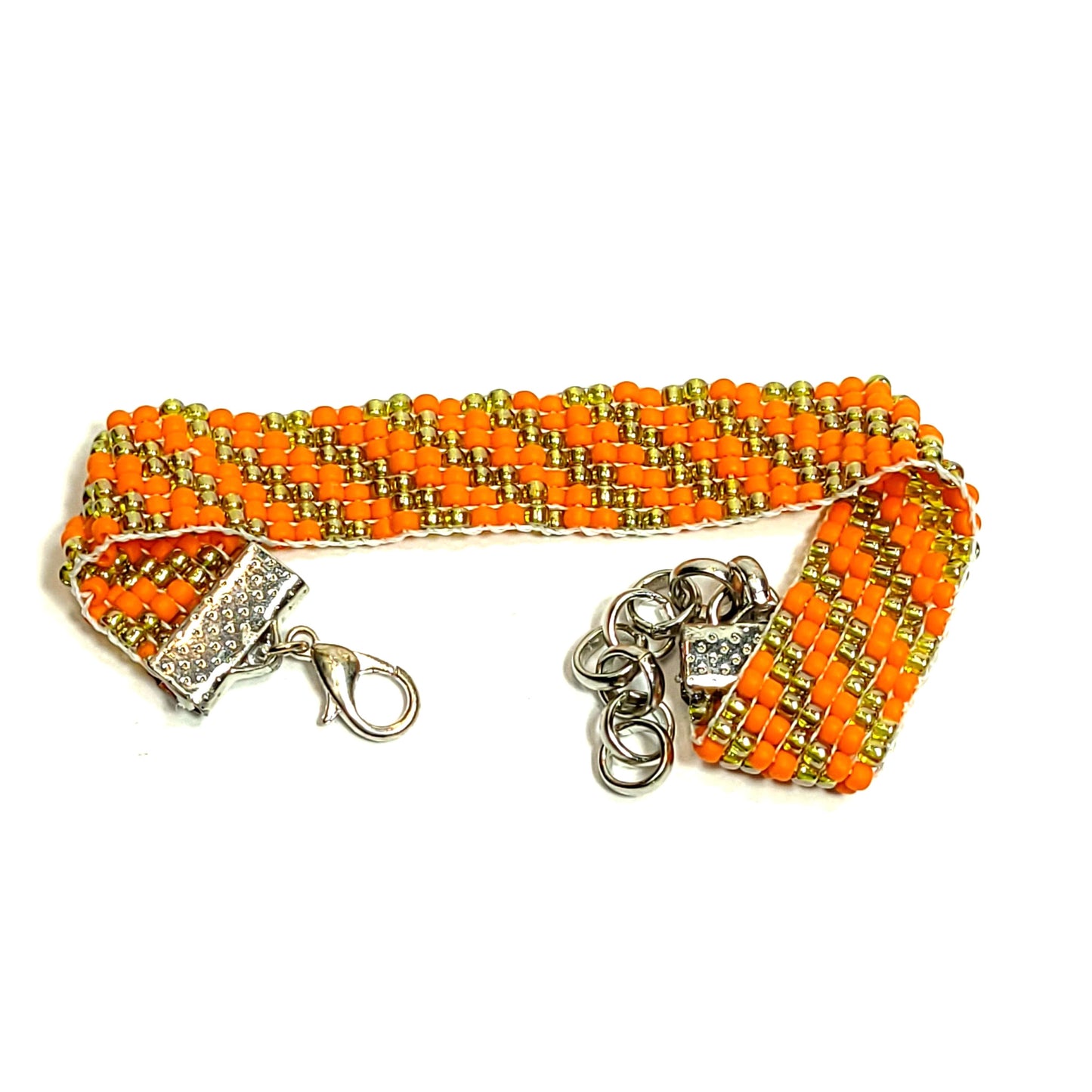 Orange and Metallic Woven Seed Bead Bracelet