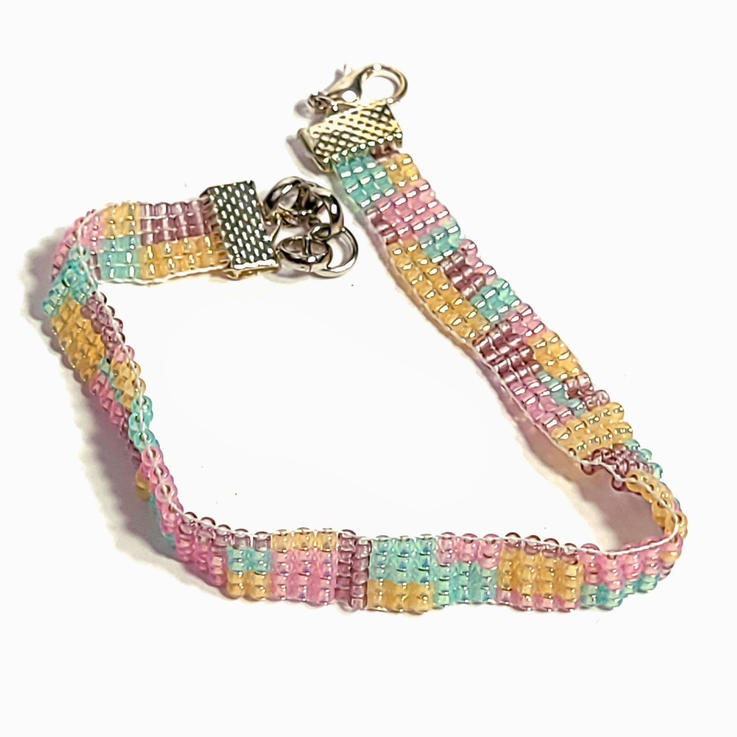 pink, peach,aqua,lavender,brownish-red seed bead bracelet