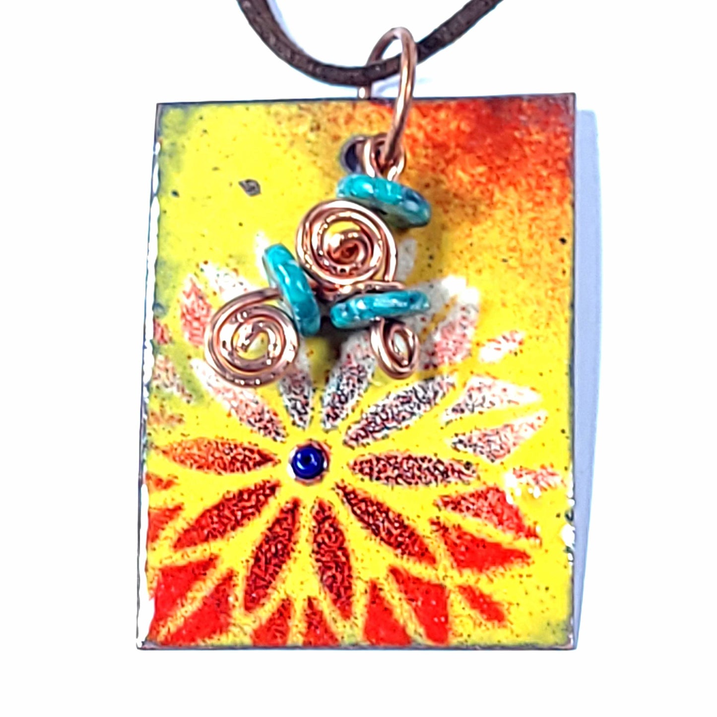 Rectangular shape copper with enamel flower pendant with jade beads and copper wire accent.