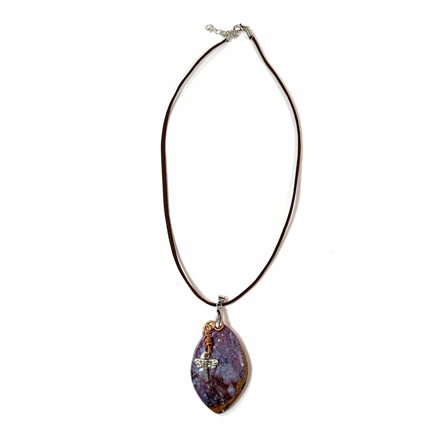 Beautiful Jasper stone pendant with dragonfly charm with a copper wire accent on a black cord necklace.