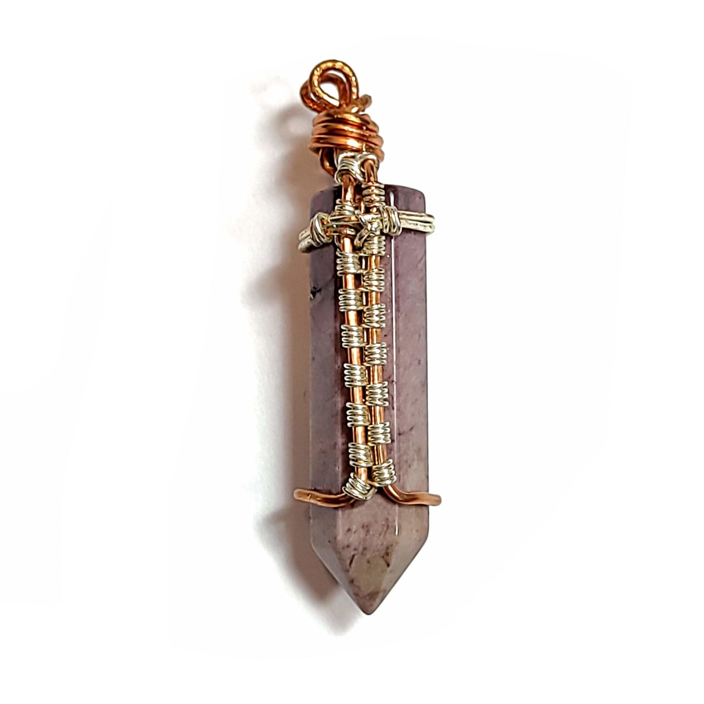 Beautiful jasper pendant hand wrapped with silver colored and copper wire.
