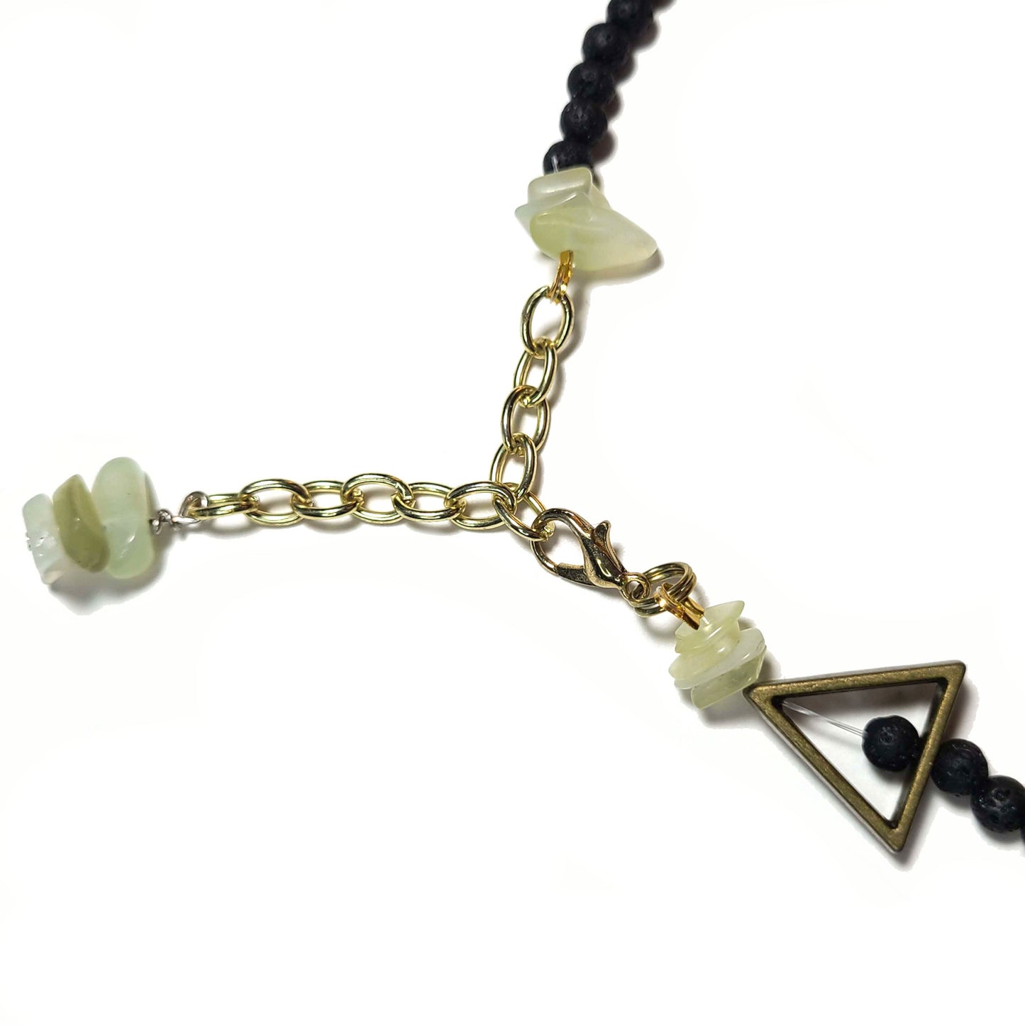 Close up of lobster clasp, extender chain and jadite chips on the extender chain.