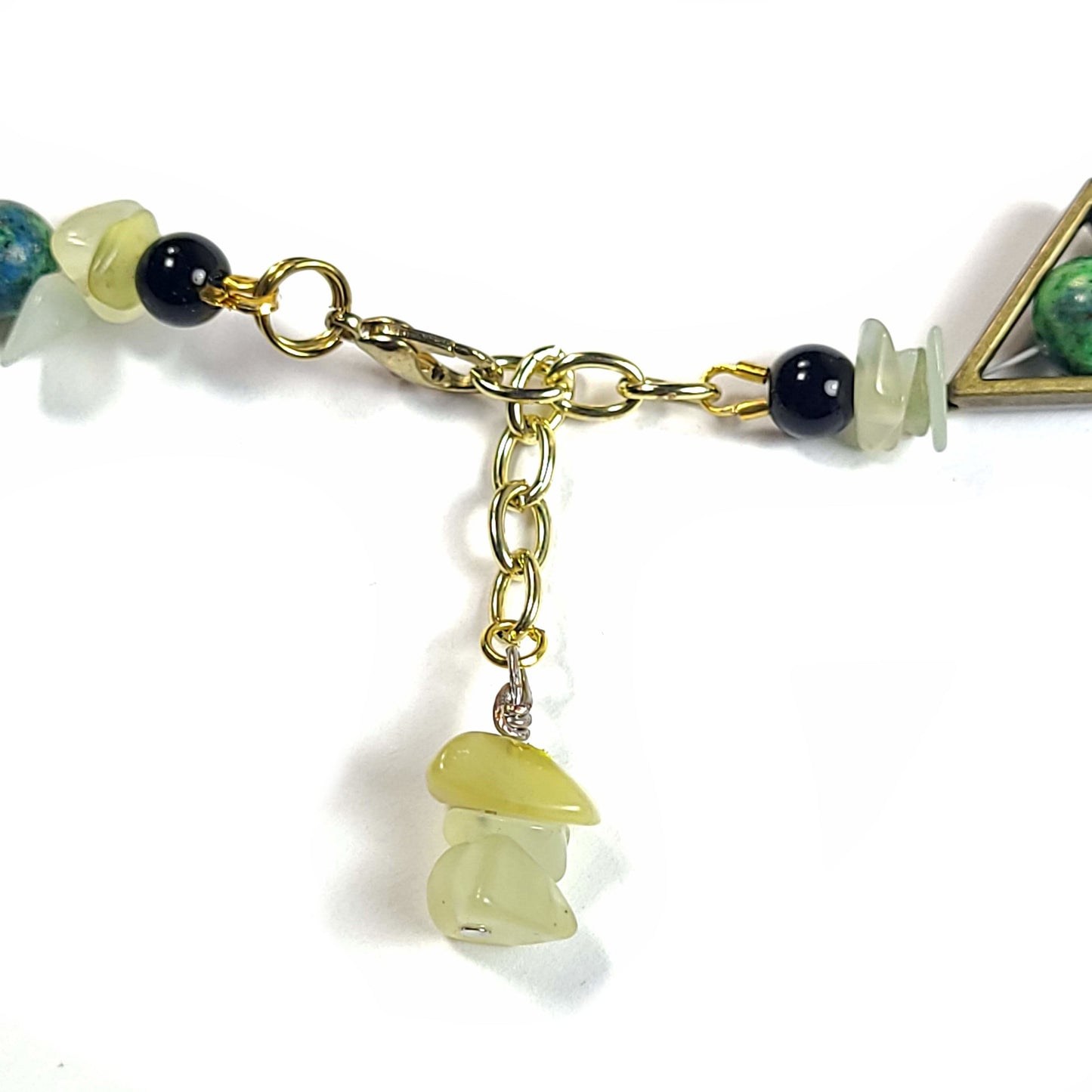 Necklace made of ocean jasper beads and jadite child with triangles, clasp has a dangle with jadite chips. clasp and dangle view.