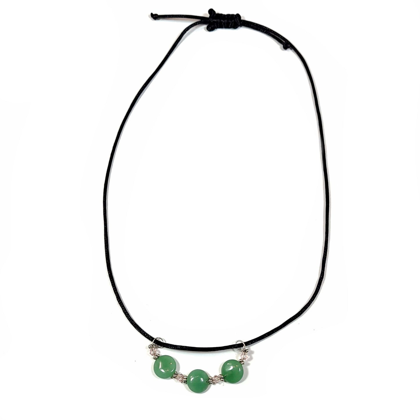 Necklace made with a satin cord and has a 3 aventurine disc beads pendant.