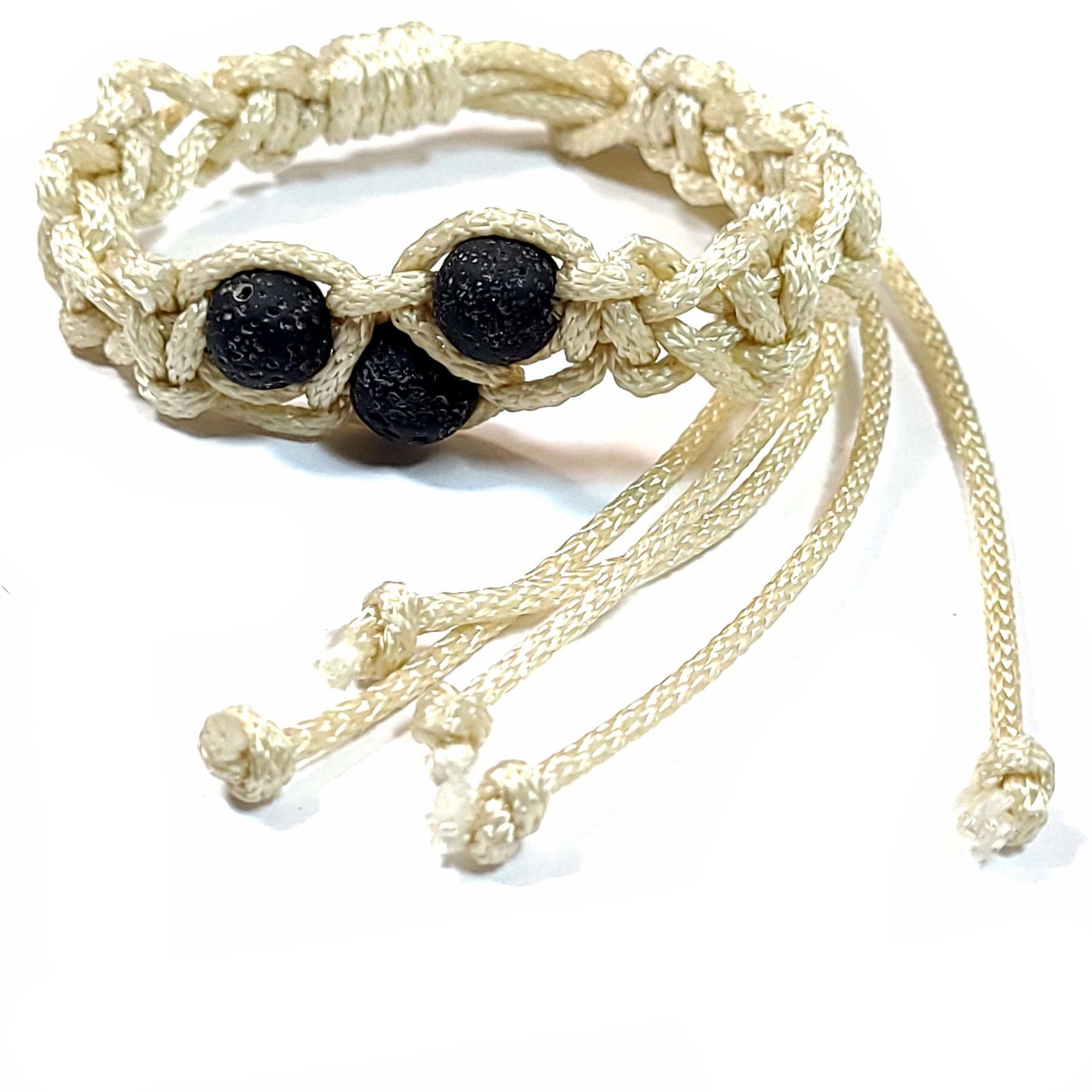 Beige cord macrame bracelet or anklet with black lava beads