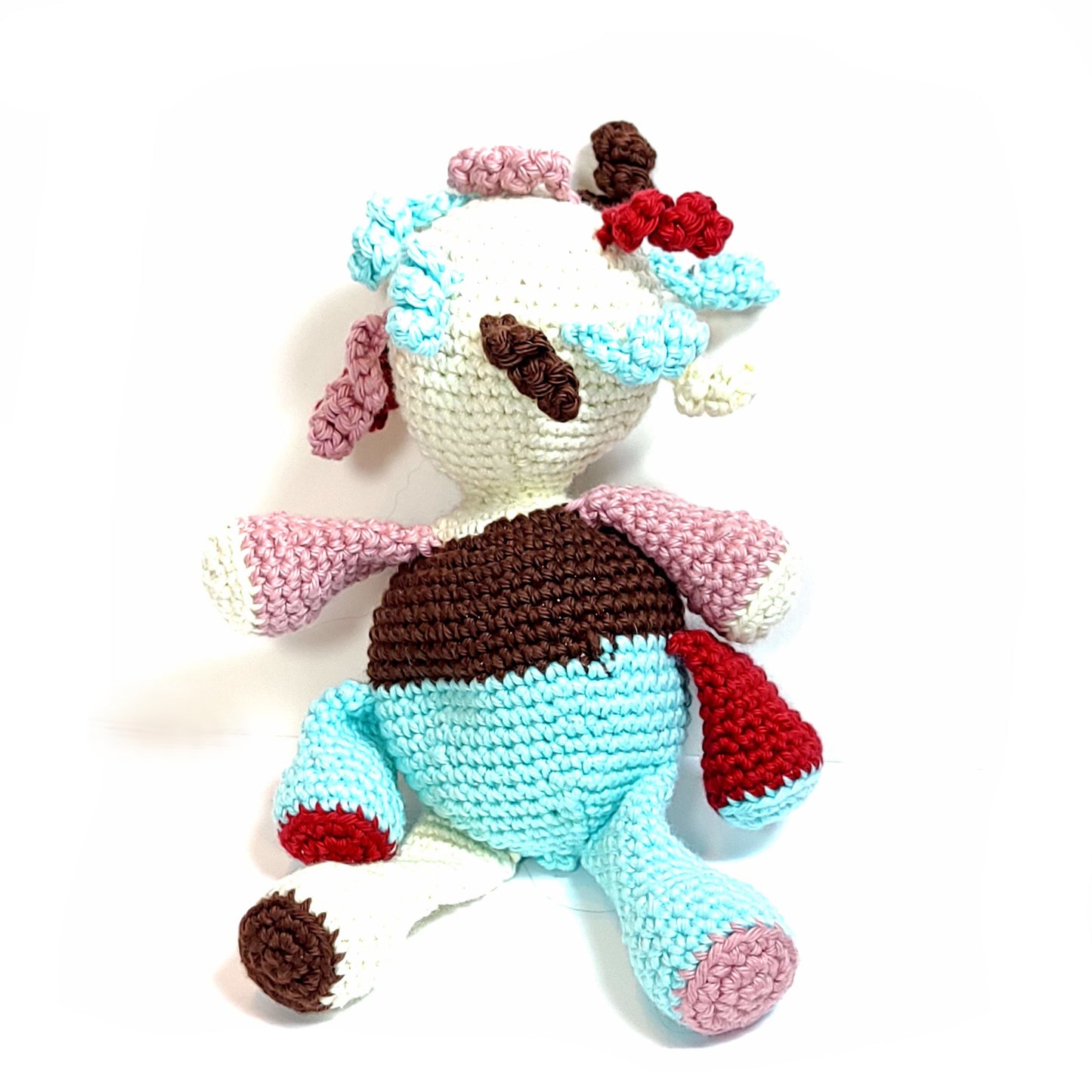 Handmade oddity looking unique clown. Hand-crocheted with soft yarns. White, red, light blue, brown, and pink.
