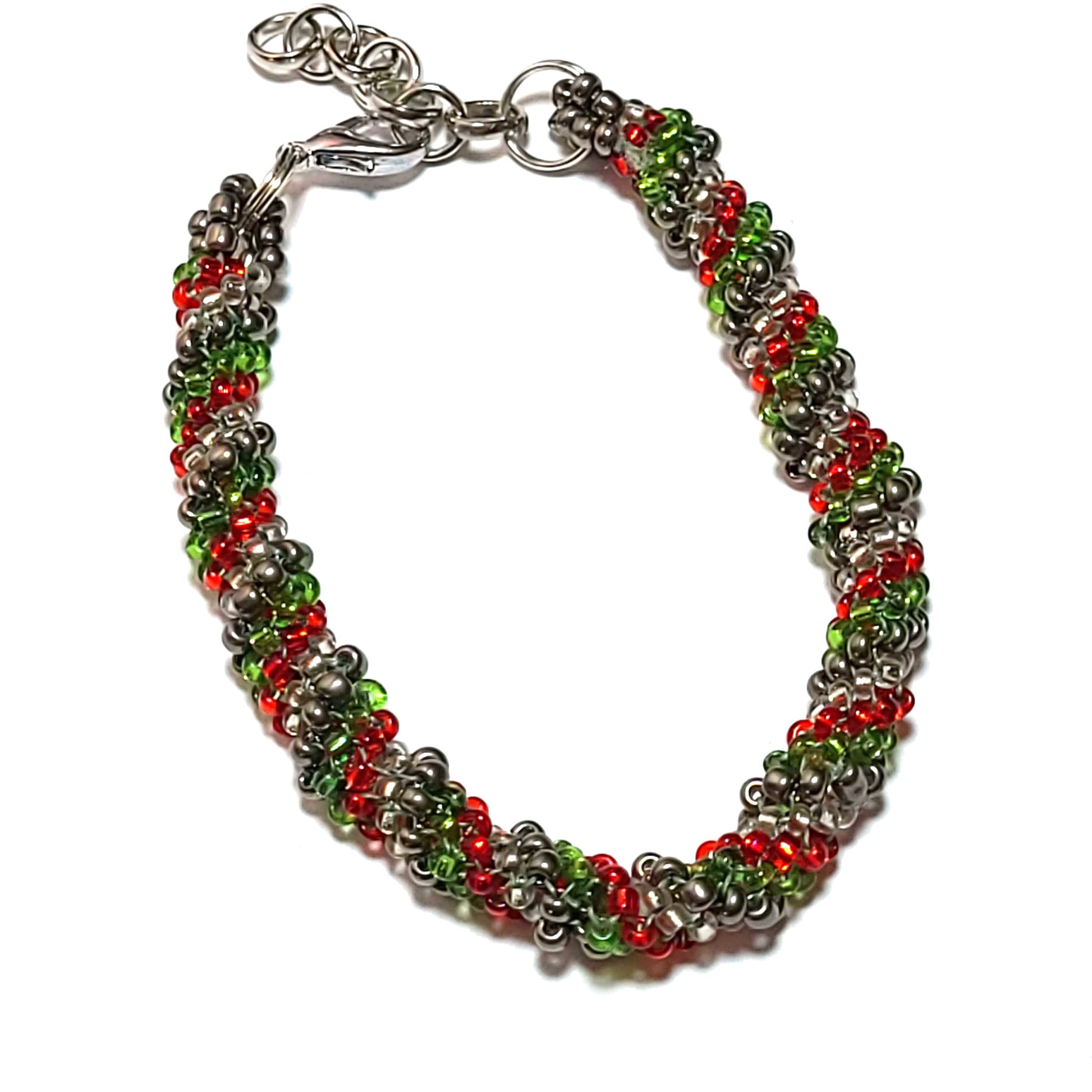 Red Green Clear and Silver Colored Seed Beads Twisted Bracelet
