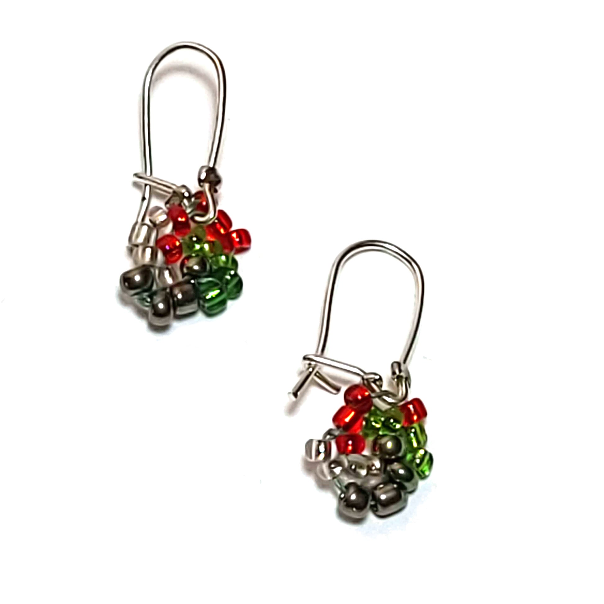 Red Green Clear and Silver Colored Seed Beads Twisted Earrings