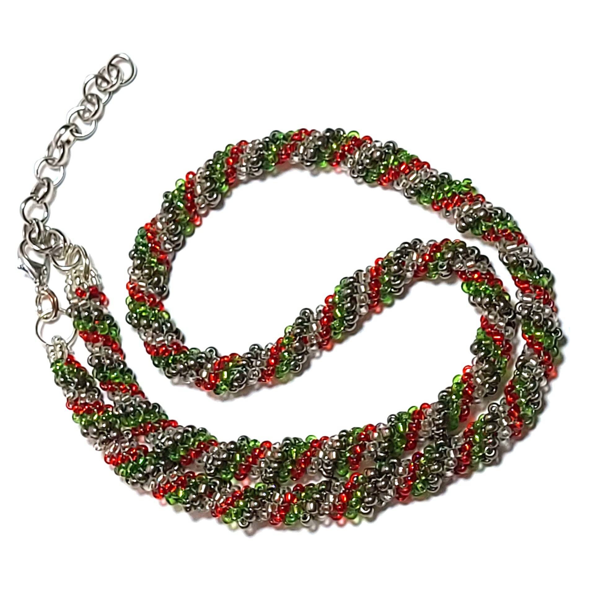 Red Green Clear and Silver Colored Seed Beads Twisted Necklace