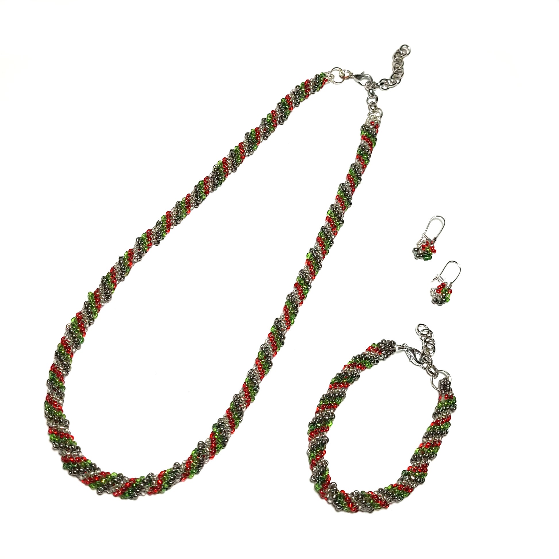 Red Green Clear and Silver Colored Seed Beads Twisted Necklance Bracelet and Earrings Set