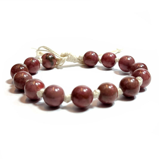 Rhodochrosite 10mm beige, pink, gray beads handmade adjustable bracelet. 
