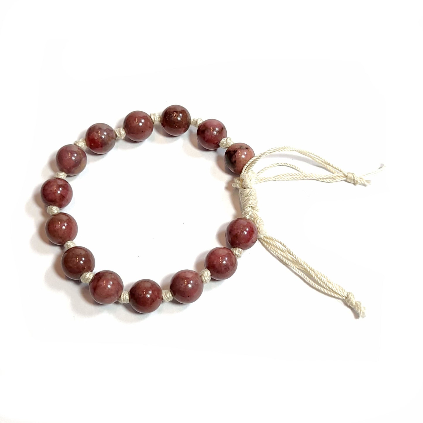Rhodochrosite 10mm beige, pink, gray beads handmade adjustable bracelet. 