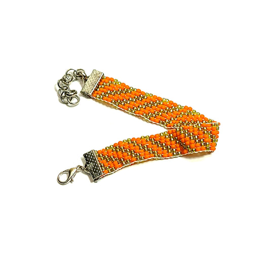 Orange and Metallic Woven Seed Bead Bracelet