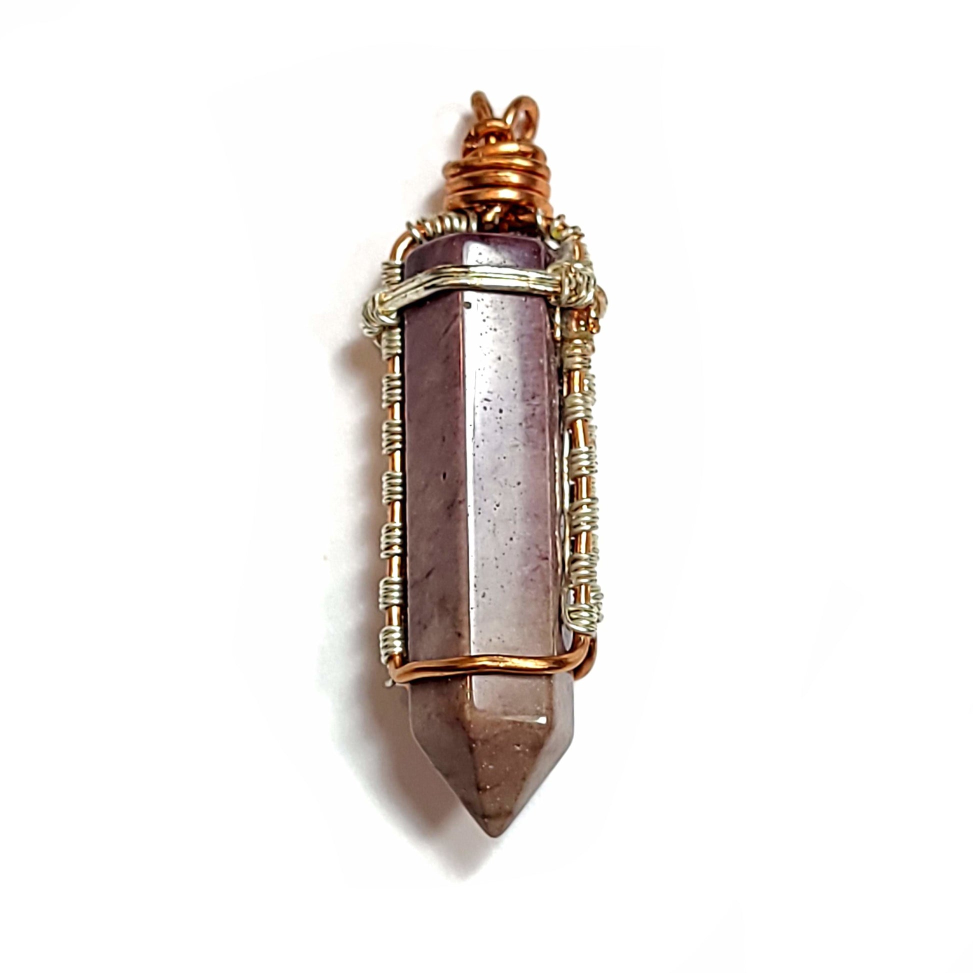 Beautiful jasper pendant hand wrapped with silver colored and copper wire.