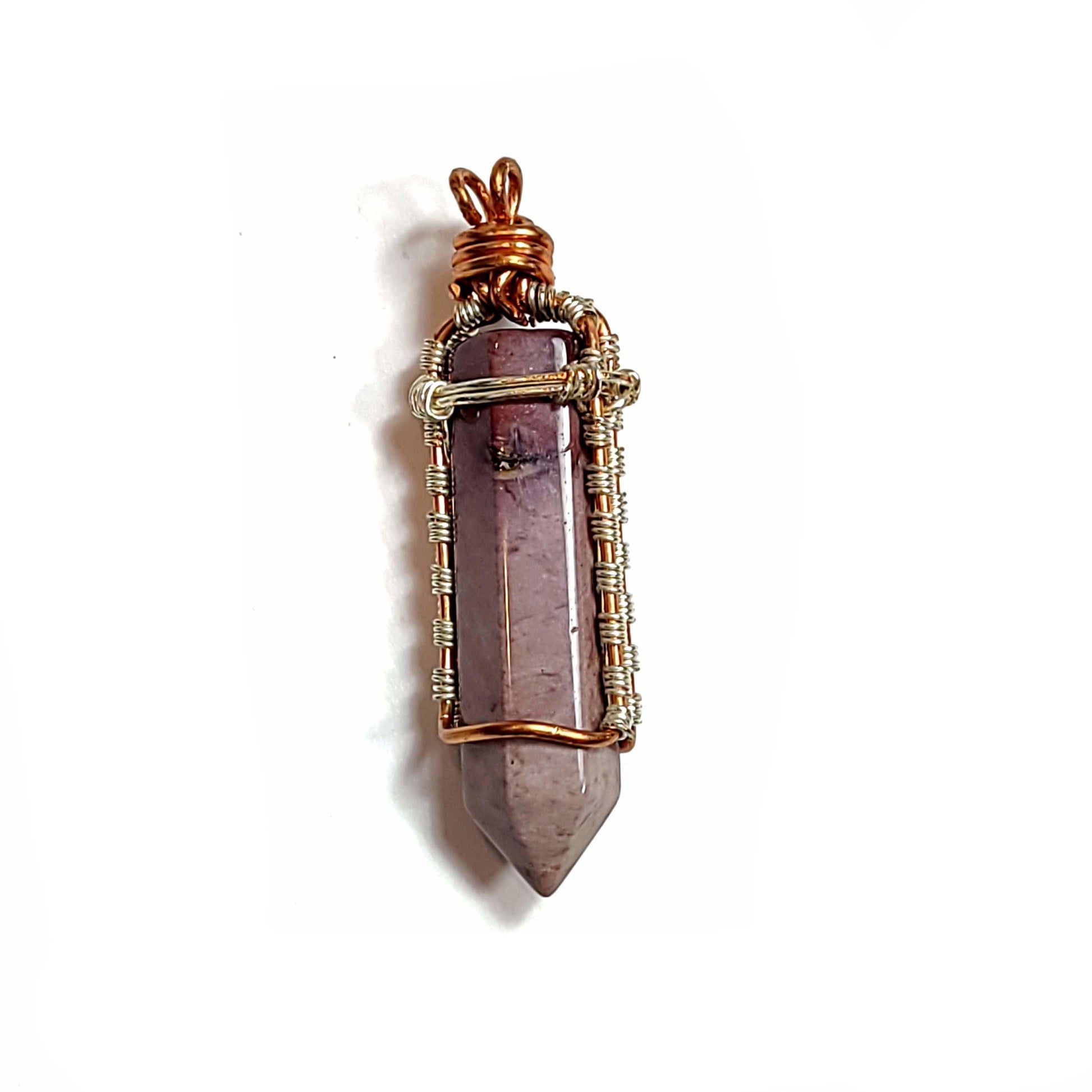Beautiful jasper pendant hand wrapped with silver colored and copper wire.