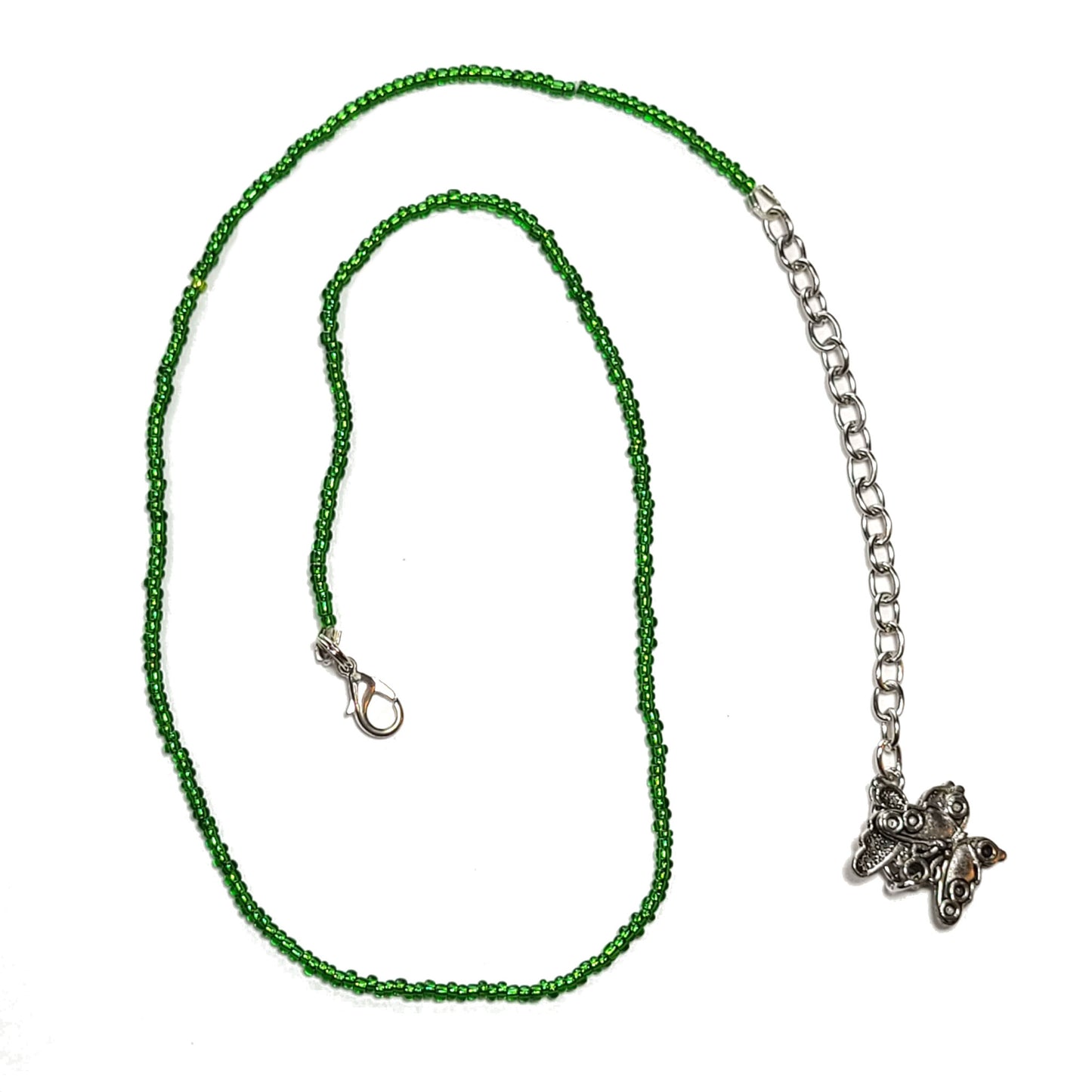 Single strand dark green seed bead necklace with an extender that has 2 butterfly charms on the end.