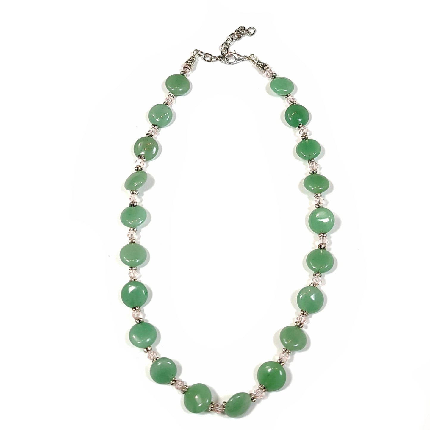 Aventurine disc beads with pale pink bicoone beads and silver tone spacers necklace.