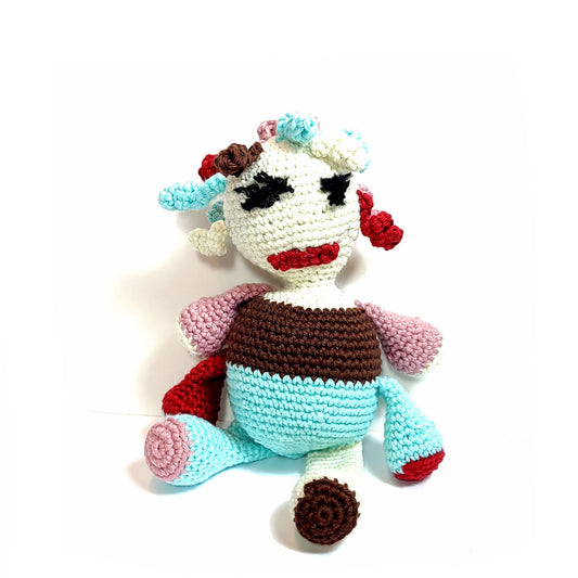 Handmade oddity looking unique clown. Hand-crocheted with soft yarns. White, red, light blue, brown, and pink. 