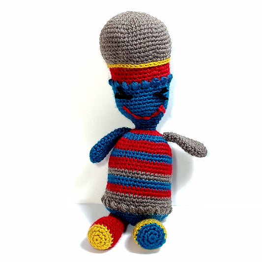 Red, Gold, Blue, and Grey unique figure hand crocheted stuffie. 